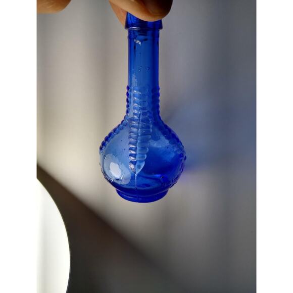 Wheaton Blue Carnival Glass Bottle Ball & Claw Bitters Medicine 1970's Mini 3" - Picture 6 of 6